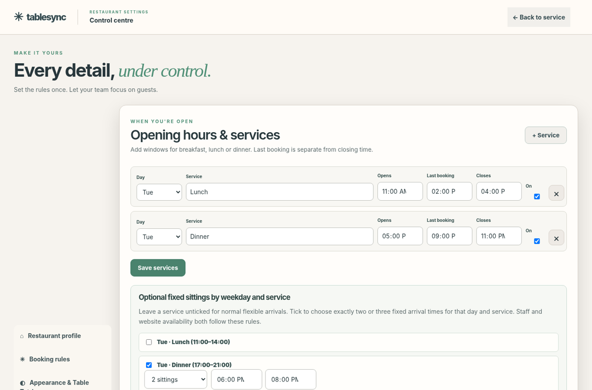 TableSync admin controls screenshot