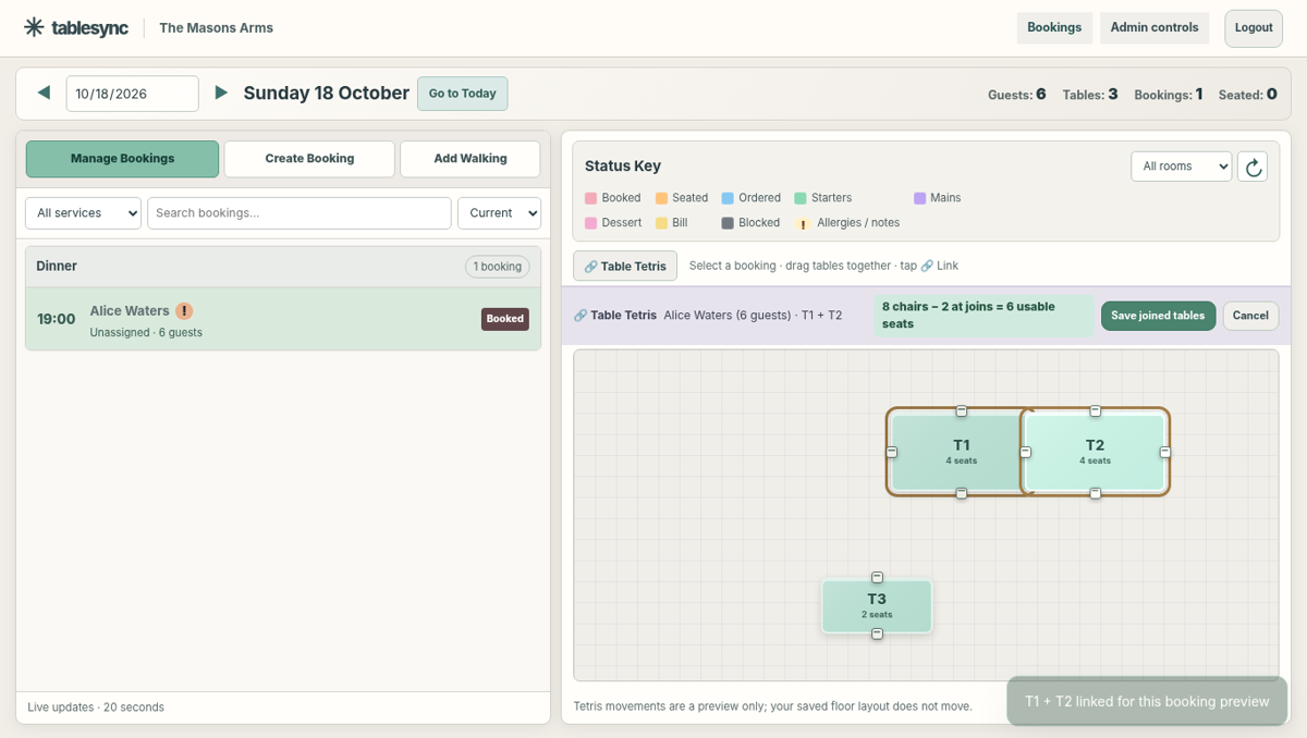 TableSync light mode panel screenshot